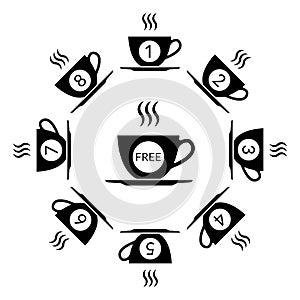 Coffee loyalty card concept with coffee cup icons. Buy 8 cups and get 1 for free. Cafe beverage promotion design template. Vector